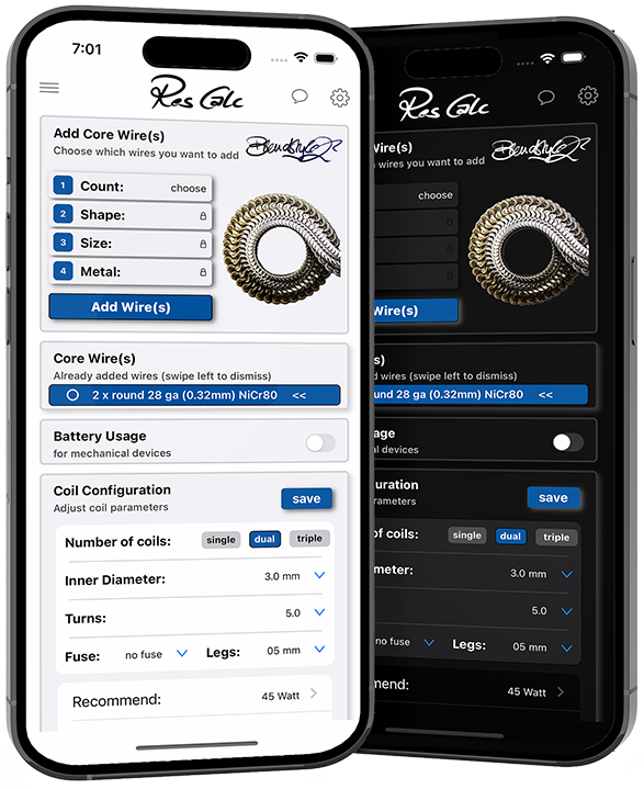 ResCalc on iPhone — light and dark mode